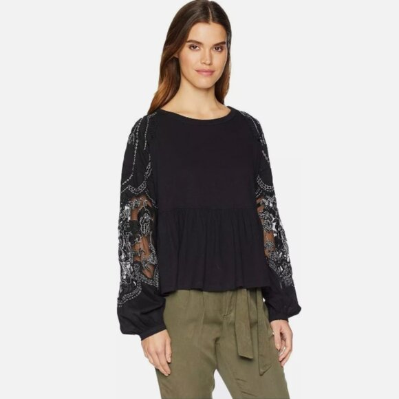 Free People Tops - Free People Penny Peplum Embroidered Long Sleeve Top Size S Balloon Sleeve Boho